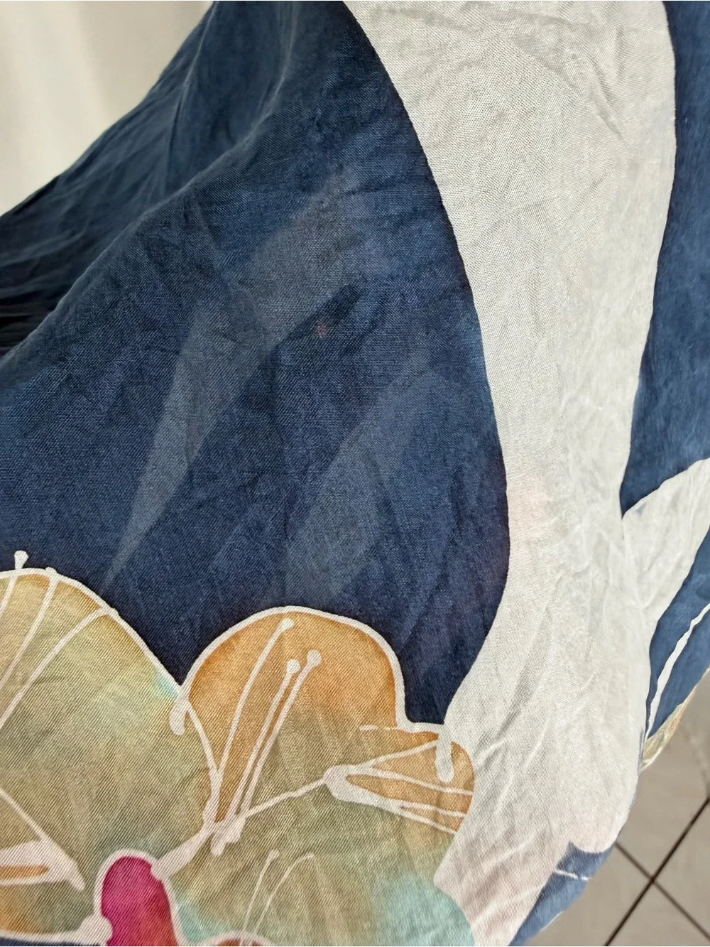 Vintage Floral Bird Print Oversized Scarf Blue Square Wrap Shawl Cottagecore